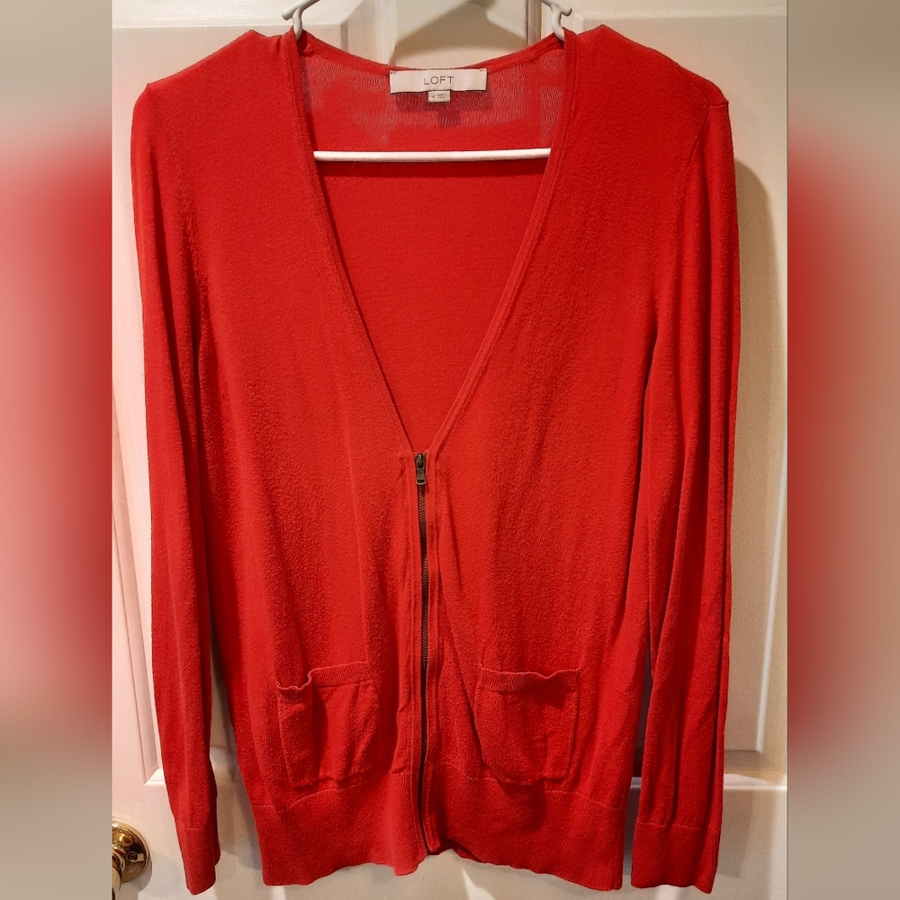 Loft Sweater Womans Medium Red Zip Front Long Sleeve Cardigan Casual Classic